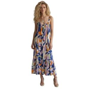 Goa Abstract Floral Tiered Midi Dress Purple Orange XS